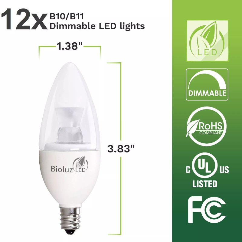 Bioluz LED 12 Pack 40 Watt Candelabra Bulbs 4.5W Dimmable