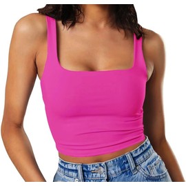 Artfish Women's Sleeveless Strappy Crop Tank Tops Square Neck Camis Going Out Neon Hot Pink, M