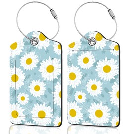 2Pack Luggage Tags for Suitcases, Cute Unique Pu Leather Cruise Luggage Tag with Privacy Cover ID Label Address Card and Metal Ring Suitable for Women Men Kids Travel Bag White Sunflower Flower