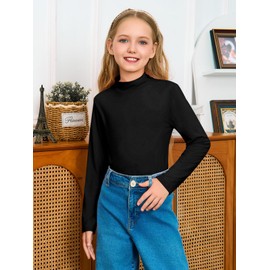 Girls Long Sleeve Mock Neck Pullover Tops Kids Fall Winter Basic Tops Active Layer Shirts 5-14 Years Black
