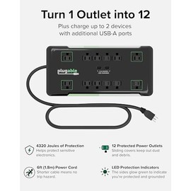 Plugable Regleta Protectora contra sobretensiones con USB y 12 Salidas de CA, Cargador USB Integrado de 10,5 W y 2 Puertos para Dispositivos Android, 