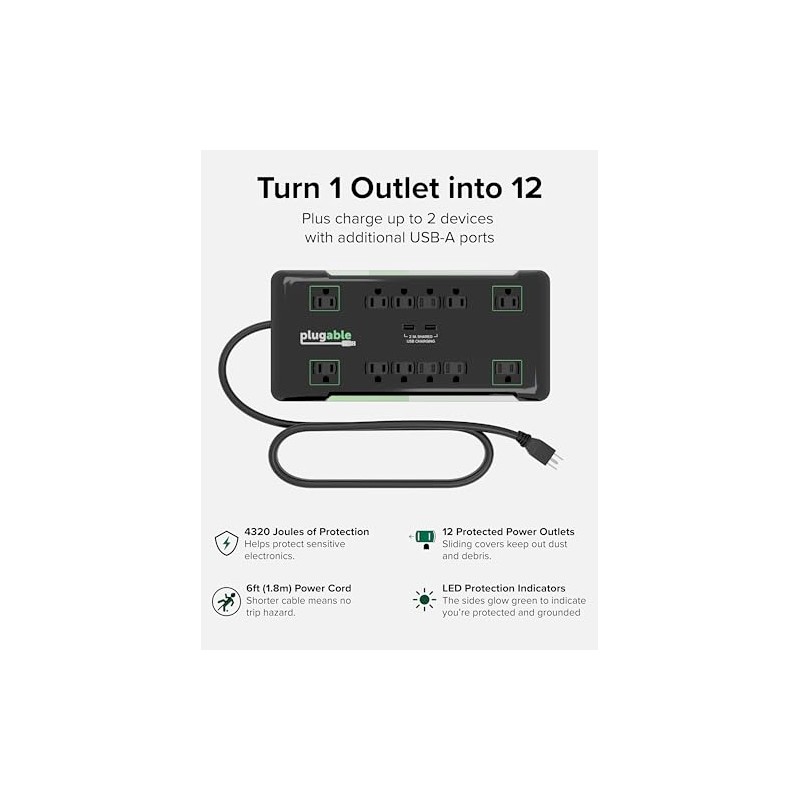 Plugable Regleta Protectora contra sobretensiones con USB y 12 Salidas