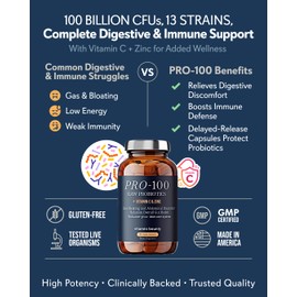 Vitamin Bounty Pro-100 Probiotic 100 Billion CFU - 13 Strains for Digestive Health & Immune Support - High Potency Probiotics for Women & Men - Delayed Release Capsules for Gut Health - 60 Count
