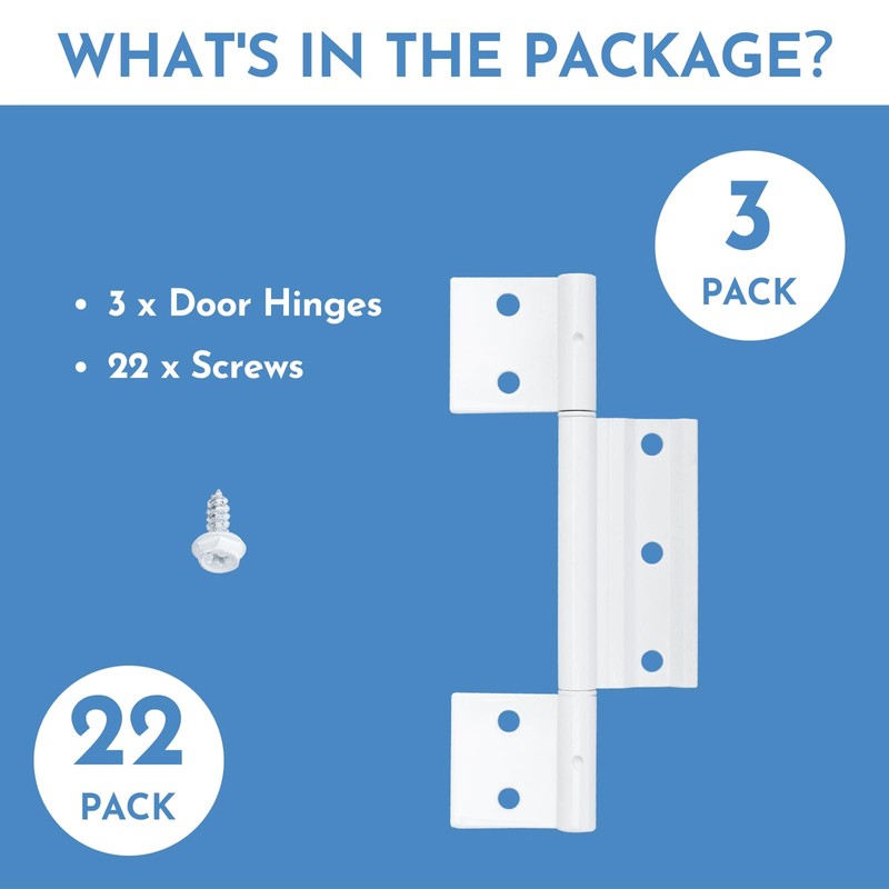 3Pack Screen Door Hinges, White Aluminum 1/8 in. Grooved Center