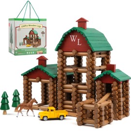 Wondertoys 330 Pcs Wooden Log Set Real Wood Logs Classic Building Log Ages 3+ Best Retro Building Gift Set for Boys Creative Construction Engineering Educational Gifts