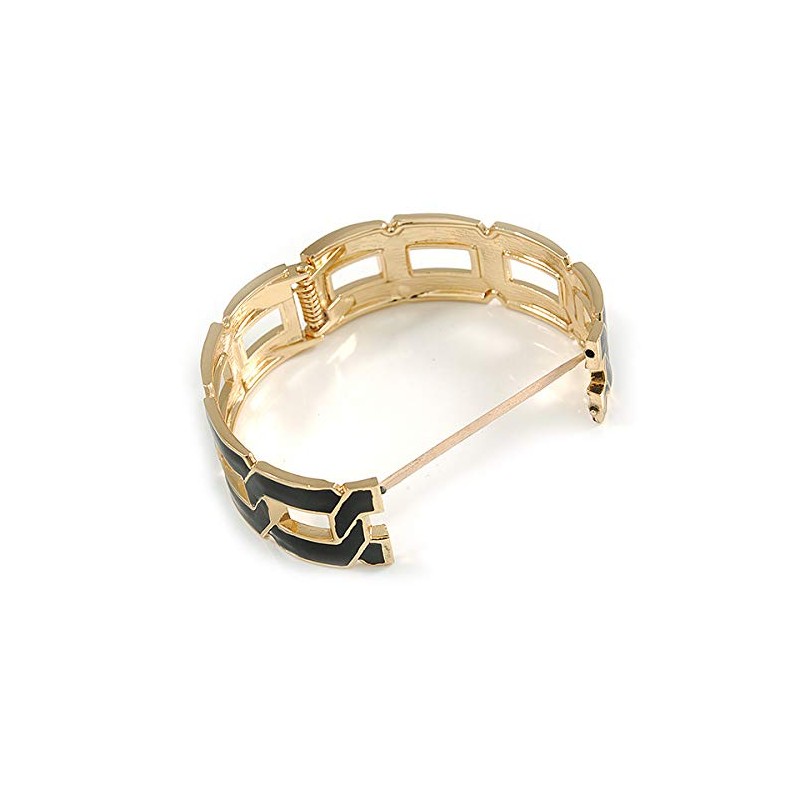 Jet Black Enamel Link Oval Hinged Bangle Bracelet In Gold