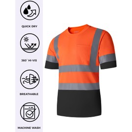 Ubon Safety Shirts for Men, Reflective High Visibility Construction Shirts Short Sleeve Work Shirts 6-Pack, Orange Black, Large