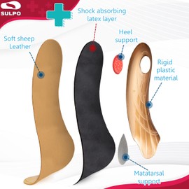 SULPO Leather Insoles Men & Women - Orthotic Inserts for Flat Feet & Arch Support - Plantar Fasciitis Insoles with Activated Carbon for Heel Pain & Anti-Sweat Comfort- Size 7 UK W