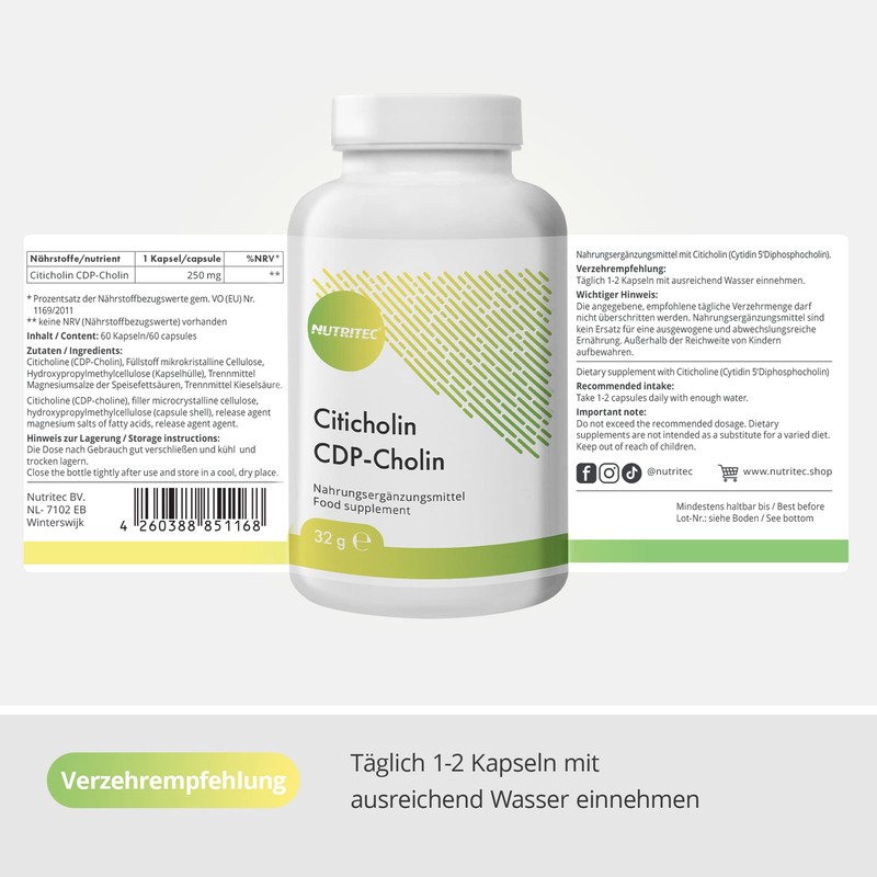 Nutritec CDP-Cholin 60 Kapseln, Nahrungsergänzungsmittel mit 250mg Citicholin pro Kapsel
