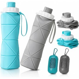 2 Botellas Deportivas Plegables y 2 Toallas Deportivas de Secado Rápido Vasos de Silicona sin BPA, Ideal para Gimnasio, Correr o Bicicleta, Perfecto para Regalar