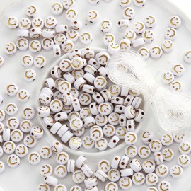 300Pcs Acrylic Smile Face Beads White Gold Color 7mm Round Happy Face Beads for Jewelry Making Bracelet DIY Craft Supplies Hair Accessories (Gold Color Face)