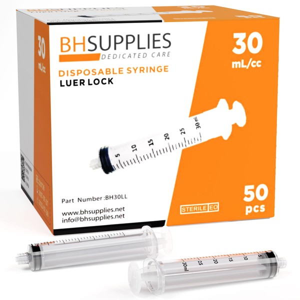 BH Supplies 30ml Luer Lock Tip Syringes (No Needle) - Sterile, Individually Wrapped - 50 Syringes
