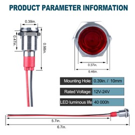 DMWD 5Pcs 12V-24V Energy Saving LED Indicator Light Mounting Hole 10mm (0.4") 20mA Waterproof Wide Flat Head Signal Lamp Pilot Dash Directional with Wire (Mixed Color: White Red Yellow Blue Green)