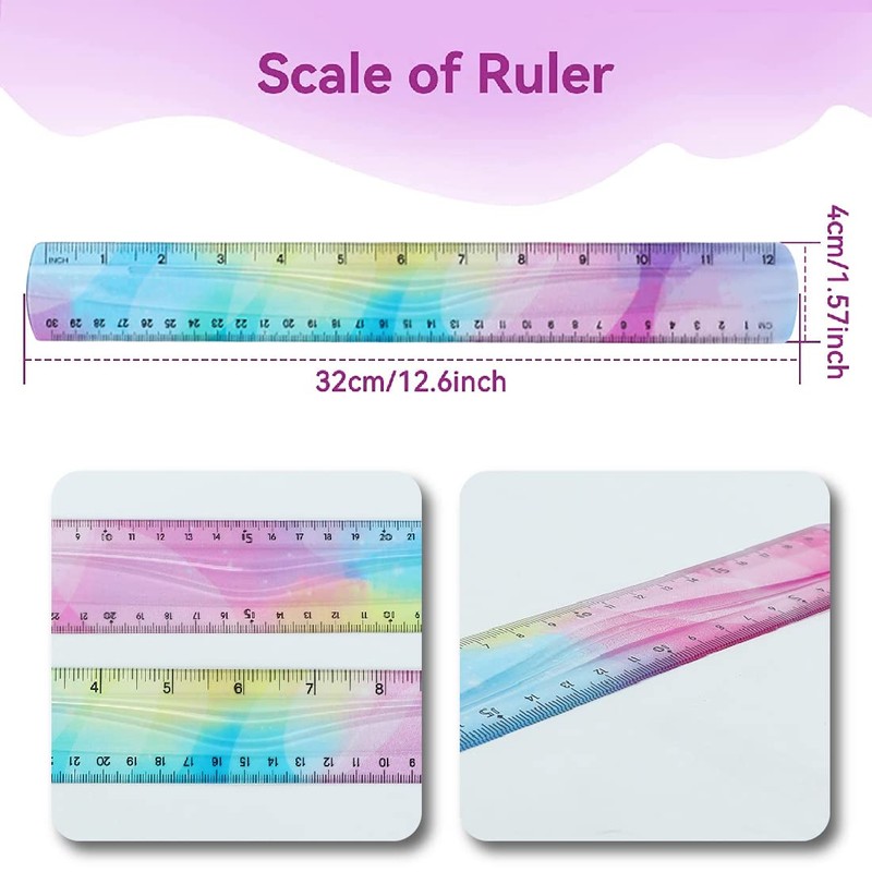 Set of 2 Flexible Rulers Set Colourful Plastic Ruler Shatterproof