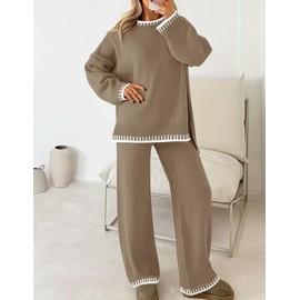ZESICA Womens 2024 Fall 2 Piece Outfits Sweater Sets Long Sleeve Pullover Tops Wide Leg Pants Lounge Set,Khaki,Medium