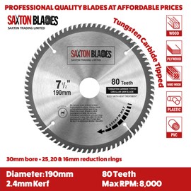 TCT19080T Saxton TCT Circular Wood Saw Blade 190mm x 30mm x bore x 80T for Bosch Makita Dewalt