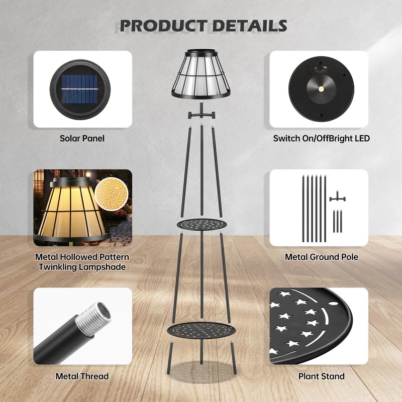 45.4'' Metal Outdoor Solar Floor Lamps 2 Pack, Waterproof Solar