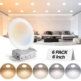MAILCOS 6 Pack 6 Inch 5CCT Ultra-Thin LED Recessed Ceiling Light with Junction Box, 2700K-5000K Selectable, 1050LM High Brightness, 0%-100% Dimmable Canless Wafer Downlight, 12W 120V, ETL