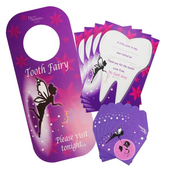Tooth Fairy Gift Set ~ 8 Envelopes, 4 Certificates & 1 Door Hanger (Purple)