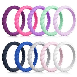 Mokani Silicone Wedding Ring for Women, 10-Pack Thin and Braided Rubber Band, Fashion, Colorful, Comfortable fit, Skin Safe, Size 4