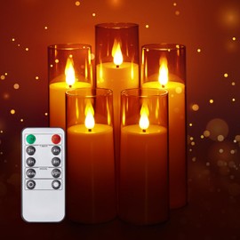 IMAGE Flickering Flameless Candles Battery Operated, Acrylic Shell Pillar 3D Wick LED Candles with 10-Key Remote Control Timer for Wedding Christmas Home Decor Set of 5 (Acrylic Shell Pillar（Gold）)