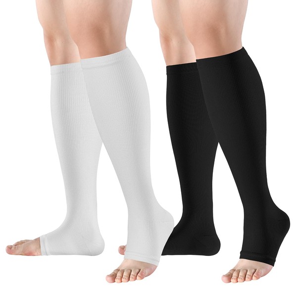 Bropite - Calcetines de compresión sin dedos para mujeres y hombres, 2 pares de calcetines de compresión con puntera abierta, soporte de 15-20 mmhg, alta circulación de la rodilla, Negro/Blanco,