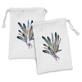 Ambesonne Floral Fabric Pouch Set of 2, Inspirational Bouquet of Types of Colorful Retro Style Quill Pen Feather, Small Drawstring Bag for Toiletries Masks and Favors, 9" x 6", Multicolor
