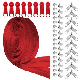 Glarks 81pcs Red #5 Nylon Coil Zipper Tape Includes 1pcs 10Yards Sewing Zipper Roll with 10pcs Metal Zipper Sliders 10pcs Double Zipper Sliders 40pcs Top Stops 20pcs Bottom Stops