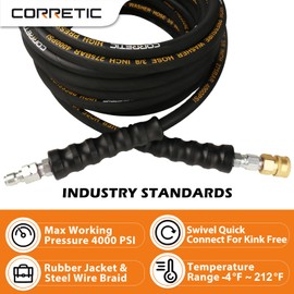 Corretic Pressure Washer Hose 50 FT with 3/8 Inch Quick Connect, 4000 PSI Kink Resistant Power Washer Hose Replacement, High Tensile Wire Braided and Rubber Jacket