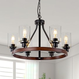 Lanhall 6-Light Farmhose Chandelier for Dining Room Light Fixture Faux Wood Kitchen Pendant Light Round Rustic Ceiling Hanging Lighting with Glass Globes Adjustable Height Metal E26