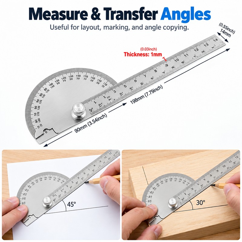 180° Angle Finder for Woodworking – 14cm Adjustable Protractor Ruler