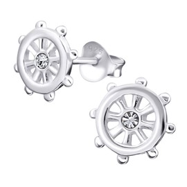 Laimons – Stud Earrings – 925 Sterling Silver – Zirconia – Women – Ship’s Helm – Shiny
