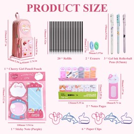 Raheem 35Pcs Cute Pencil Case Beautiful Stationery Set with Cherry Girl Pencil Pouch, 3 Gel Ink Rollerball Pens (0.5mm) with 20 Refills, 2 Erasers, 240 Notes Pages,6 Paper Clips,1 Sticky Note(Pink)