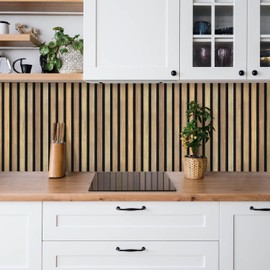 Commomy 3D Faux Wood Slat Wallpaper Peel and Stick - 11.8"x11.8" 10 Pcs Ultralight PVC Stick on Wood Tiles for Kitchen Backsplash,Bathroom,Interior Wall Decor