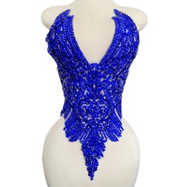 MOPISVN Handmade Rhinestones Applique Glass Stones Beads Bright Crystal Lace Patches Bodice Accessories for Weding Dress Decorations 14.17X24.4inches (Blue)