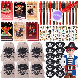 vamei Pirate Party Bag Children's Birthday Party Pirate Give Aways Guest Gift Children's Birthday with Drawstring Bag Magic Pen Notepads Eye Patch Party Gift Pinata Filling Boy Pirate Decoration