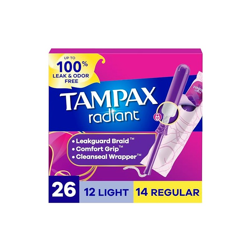Tampax Radiant Tampons Multipack, with LeakGuard Braid, Light/Regular Absorbency, Unscented,