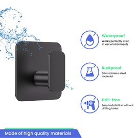 Black Hooks for Hanging Heavy Duty, Adhesive Hooks for Shower, Bathroom, Kitchen, Robe, Towel, Coat, Waterproof & Rustproof Hook for Walls No Damage, Stainless Steel Sticky Hook - 4 Pack