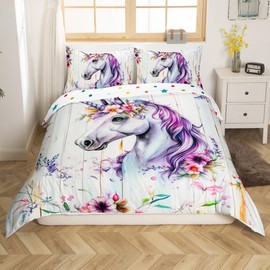Homewish Unicorn Bed Linen 135 x 200 cm Children's Girls Purple Animals Duvet Cover Cute for Girls Boys Purple Aesthetic Flowers Bed Set with 1 Pillowcase Wooden Board Decor Soft Microfibre