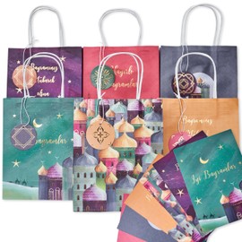 Papierdrachen 6 Colourful Ramadan Handbags - Beautiful and High Quality Gold Printed - Ideal for Wrapping Gifts - with Tags and Postcards - Set of 3