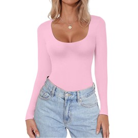 Ekouaer Women's Scoop Neck Long Sleeve Top Tight Shirts Thermal Undershirts Base Layer Tee Pink M