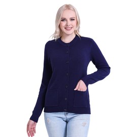 SMILING PINKER Women Cardigan Thick Warm Crew Neck Button Down Sweater with Pockets(Navy Blue,XL)