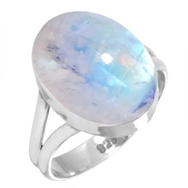 Jeweloporium 925 Silver Ring for Women Size T White Real Rainbow Moonstone Gemstone Solitaire Silver Ring Anniversary - Gift Costume Jewelry