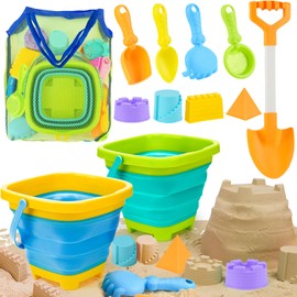 AuntyFey Collapsible Beach Toys for Kids Ages 4-8, Sand Toys for Toddlers Ages 3-4-8, Beach Toy Set with Collapsible Beach Buckets, Sandbox Toy for Kids with Castle Sand Mold and Large Shovels