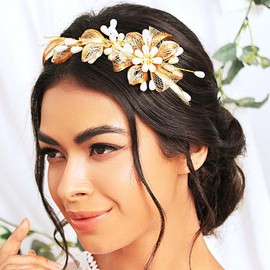 Woeoe Flower Copper Wire Bridal Headband Pearl Floral Wedding Headpiece Bridesmaid Bride Party Prom Hair Bands for Women and Girls