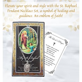 Trendzeen St Raphael Pendant Necklace With Lord's Prayer Card - Genuine Pewter Medallion - Saint Necklace for Men and Women - Patron Medal Jewelry, 2 Items Set
