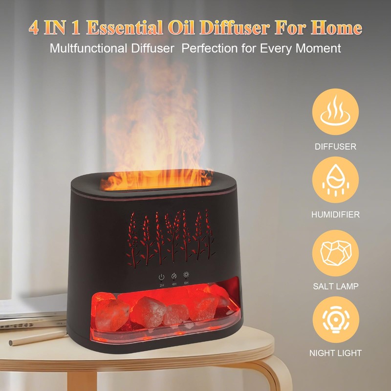 Fireplace Flame Diffuser & Himalayan Salt Lamp, 8 Colors Aromatherapy