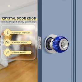 LOQRON Crystal Door Knob with Privacy Lock, Blue Glass Interior Door Knob with Keys and Lock, Round Design Crystal Doorknob for Bathroom Bedroom, Satin Nickel
