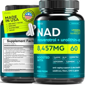 Thinbi Suplemento NAD 8457 mg - NAD+ liposomal alternativo NMN extra fuerte para mujeres y hombres con urolitina A, resveratrol, CoQ10, ácido alfa lipoico - energía, antienvejecimiento, regeneración celular