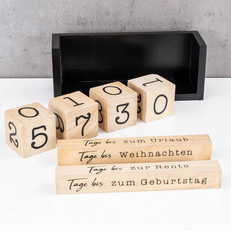 Würfel Countdown Kalender Holz Natur Schwarz Holzkalender Tischkalender Themenleiste Tageszähler